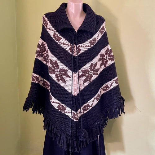 1970's Vintage Women's Black Brown Cream Knit Cape Poncho One Size - OOAK - Phoenix Menswear