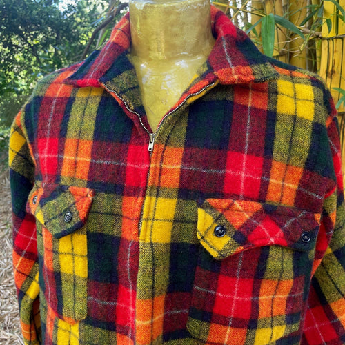 1970's Vintage Wool Check Shirt Red Yellow Navy Plaid Sz XL -OOAK - Phoenix Menswear