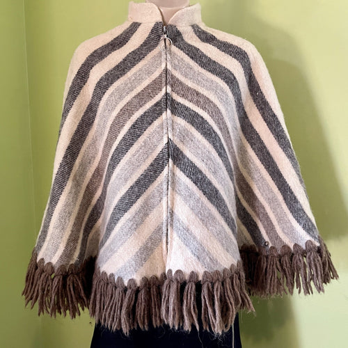 1970s Vintage Wool Poncho Cream Grey Stripes Zipper Lined Fringe - Sz S - OOAK - Phoenix Menswear