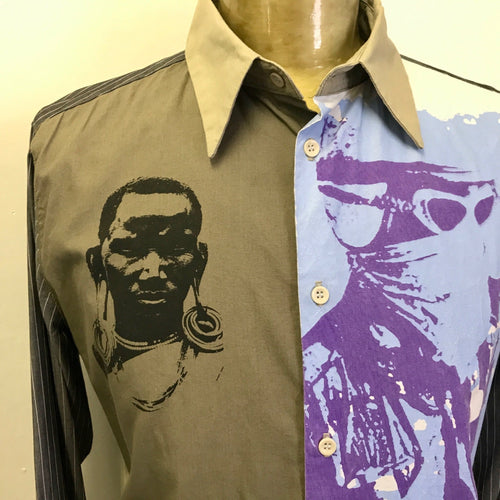 1980's Avant-Garde Hand Printed L/S Cotton Blend Shirt Sz L - OOAK - Phoenix Menswear