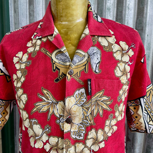 1980's Hawaiian Bark Cloth S/S Shirt Red Beige White Floral Design Sz S - OOAK - Phoenix Menswear