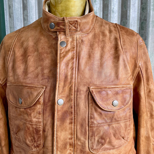 1980s Leather Bomber Jacket Tan Brown Patch Pockets Snaps Zip Sz XL - OOAK - Phoenix Menswear