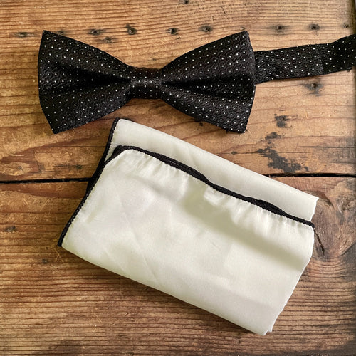 1980's Saks Fifth Avenue Vintage Silk Black White Polka Dot Bow Tie Hanky Pocket Square Set Boxed - OOAK - Phoenix Menswear