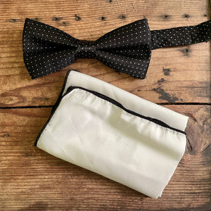 1980's Saks Fifth Avenue Vintage Silk Black White Polka Dot Bow Tie Hanky Pocket Square Set Boxed - OOAK - Phoenix Menswear