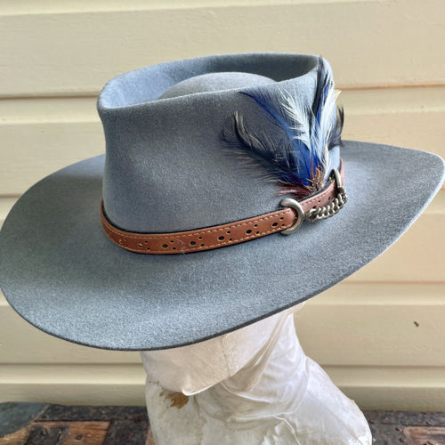 1980's Vintage Akubra Pale Blue Wool Fekt Hat Feathers Australian Made 'Dalllas' Sz 56 S/M - OOAK - Phoenix Menswear