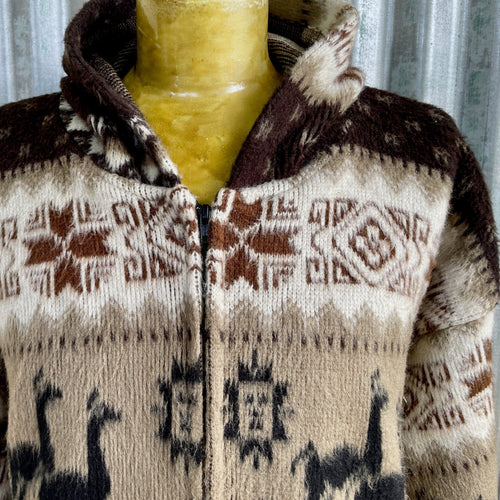 1980's Vintage Alpaca Wool Aztec Knit Cardigan Zip Hoodie Brown Beige Black Sz L - OOAK - Phoenix Menswear