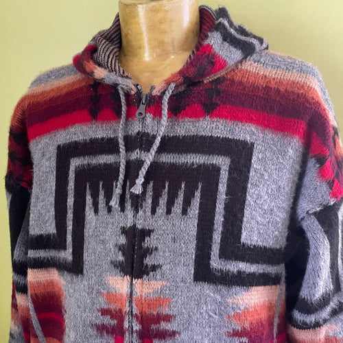 1980's Vintage Aztec Knit Cardigan Zip Hoodie Grey Red Black Ecuador Sz XL - OOAK - Phoenix Menswear