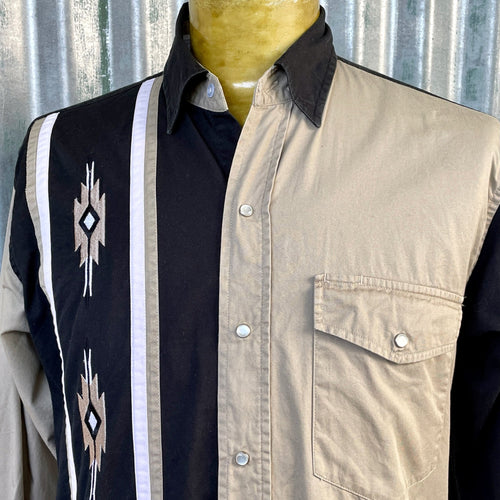 1980's Vintage Aztec Western Embroidered L/S Cotton Shirt Cream Black Sz XL - OOAK - Phoenix Menswear
