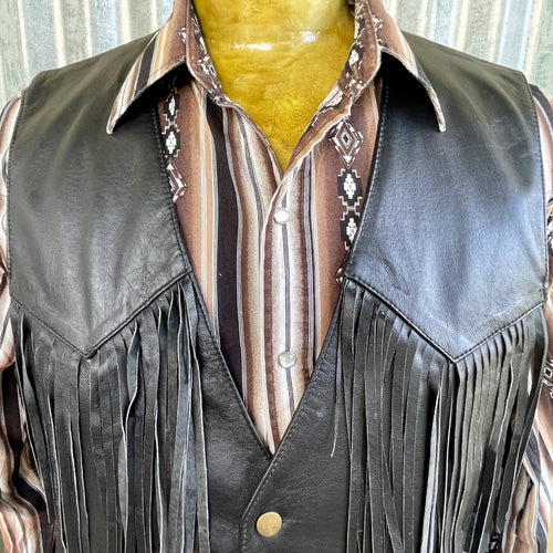 1980s Vintage Black Leather Biker Vest Fringe Snaps Sz XXL - OOAK - Phoenix Menswear