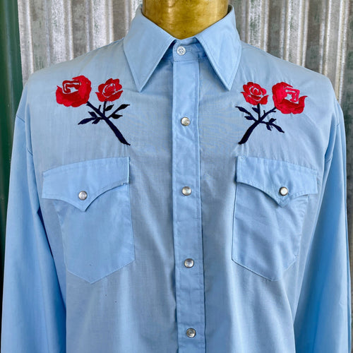 1980's Vintage Blue Red Floral Embroidered Western L/S Shirt Sz L - OOAK - Phoenix Menswear