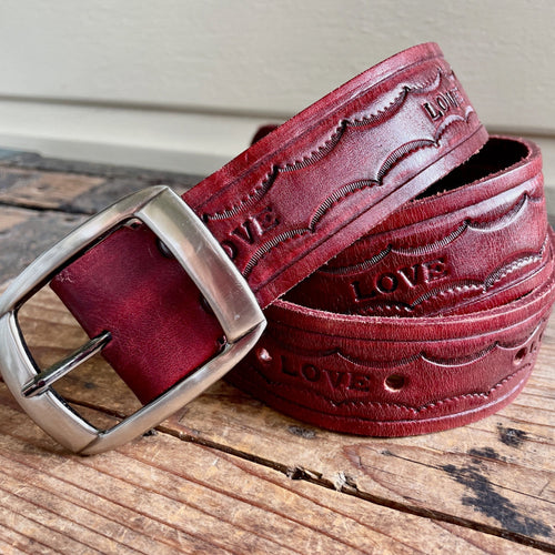 1980's Vintage Brown Red Tooled Leather Belt 'LOVE' Sz XL - OOAK - Phoenix Menswear