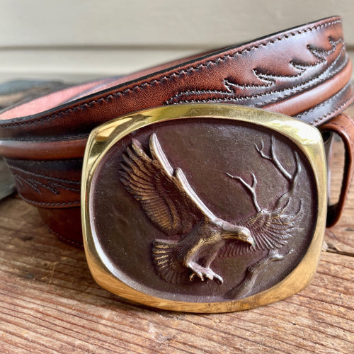 1980's Vintage Brown Tooled Leather Belt Bronze Buckle with Eagle Sz XL - OOAK - Phoenix Menswear