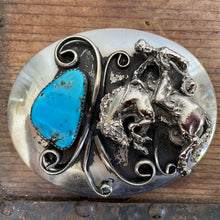 Load image into Gallery viewer, 1980&#39;s Vintage Cowboy Western Belt Buckle Silver Turquoise Horse - OOAK - Phoenix Menswear