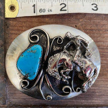 Load image into Gallery viewer, 1980&#39;s Vintage Cowboy Western Belt Buckle Silver Turquoise Horse - OOAK - Phoenix Menswear