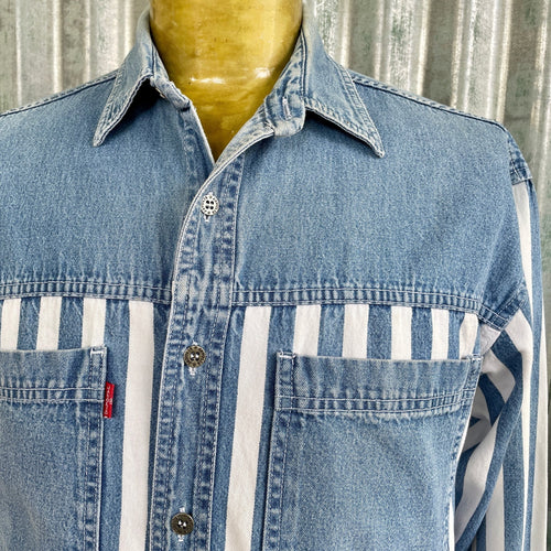 1980's Vintage Denim Western Shirt Blue White Stripe L/S Sz S - OOAK - Phoenix Menswear