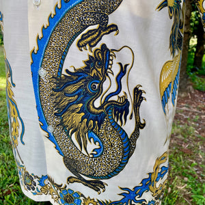 1980's Vintage Dragon Batik Blue Gold S/S Shirt Sz XS- OOAK - Phoenix Menswear