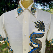 Load image into Gallery viewer, 1980&#39;s Vintage Dragon Batik Blue Gold S/S Shirt Sz XS- OOAK - Phoenix Menswear