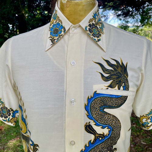 1980's Vintage Dragon Batik Blue Gold S/S Shirt Sz XS- OOAK - Phoenix Menswear