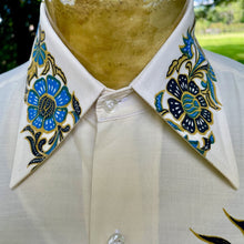 Load image into Gallery viewer, 1980&#39;s Vintage Dragon Batik Blue Gold S/S Shirt Sz XS- OOAK - Phoenix Menswear