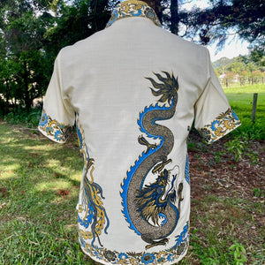 1980's Vintage Dragon Batik Blue Gold S/S Shirt Sz XS- OOAK - Phoenix Menswear