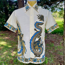 Load image into Gallery viewer, 1980&#39;s Vintage Dragon Batik Blue Gold S/S Shirt Sz XS- OOAK - Phoenix Menswear