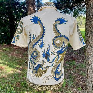 1980's Vintage Dragon Print Blue Yellow Oriental S/S Shirt Sz S - OOAK - Phoenix Menswear