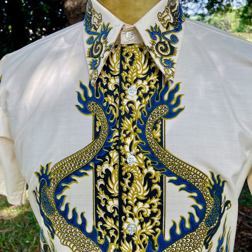 1980's Vintage Dragon Print Blue Yellow Oriental S/S Shirt Sz S - OOAK - Phoenix Menswear
