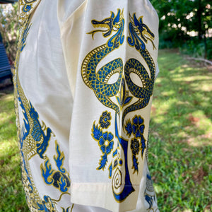 1980's Vintage Dragon Print Blue Yellow Oriental S/S Shirt Sz S - OOAK - Phoenix Menswear