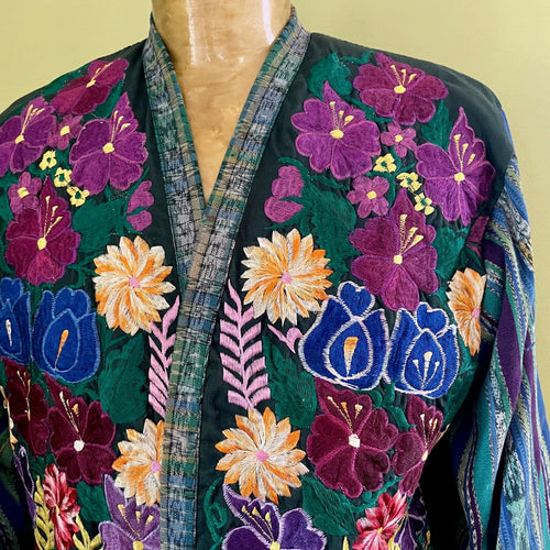 1980's Vintage Green Handmade Embroidered Guatemalan Jacket Pockets Velvet Cotton Sz M - OOAK - Phoenix Menswear