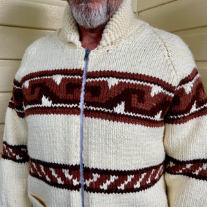 1980's Vintage Handmade Wool Cardigan Jumper Brown White Geometric Design Sz M - OOAK - Phoenix Menswear