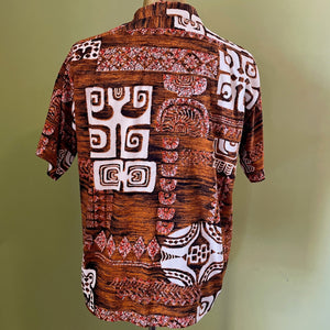1980's Vintage Hawaiian S/S Cotton Shirt Brown White Abstract Design Made In Hawaii Sz L - OOAK - Phoenix Menswear