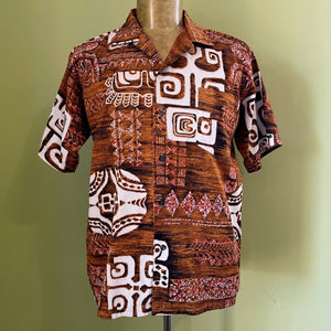1980's Vintage Hawaiian S/S Cotton Shirt Brown White Abstract Design Made In Hawaii Sz L - OOAK - Phoenix Menswear