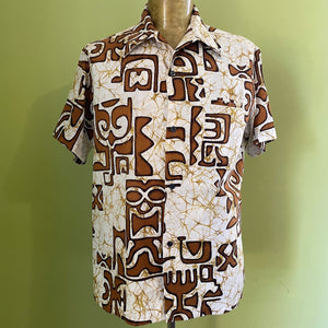 1980's Vintage Hawaiian S/S Cotton Shirt Brown White Abstract Design Made In Hawaii Sz L - OOAK - Phoenix Menswear