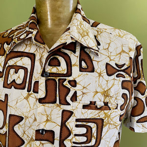 1980's Vintage Hawaiian S/S Cotton Shirt Brown White Abstract Design Made In Hawaii Sz L - OOAK - Phoenix Menswear