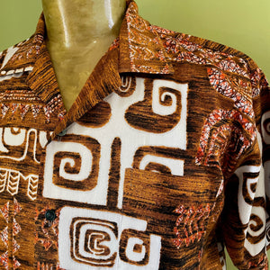 1980's Vintage Hawaiian S/S Cotton Shirt Brown White Abstract Design Made In Hawaii Sz L - OOAK - Phoenix Menswear