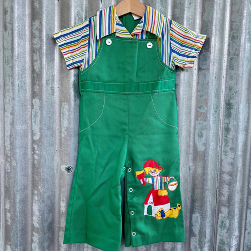 1980's Vintage Kid's Long Overalls Romper & Shirt Green Striped Sz 24 Months - OOAK - Phoenix Menswear