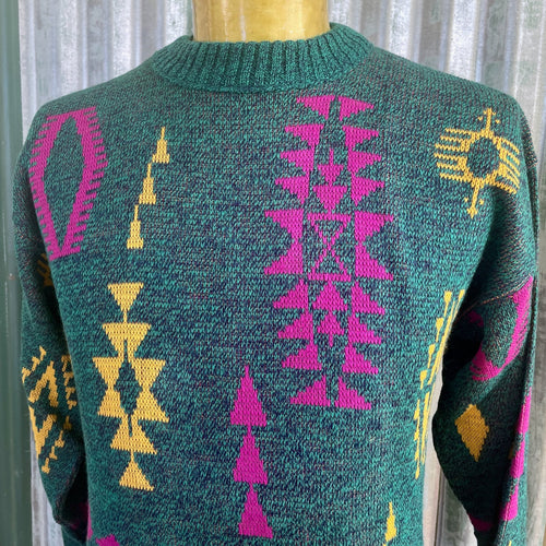 1980's Vintage Knit Jumper Green Yellow Pink Dead Stock Zig Zag Pullover Made in the USA Sz S - Phoenix Menswear