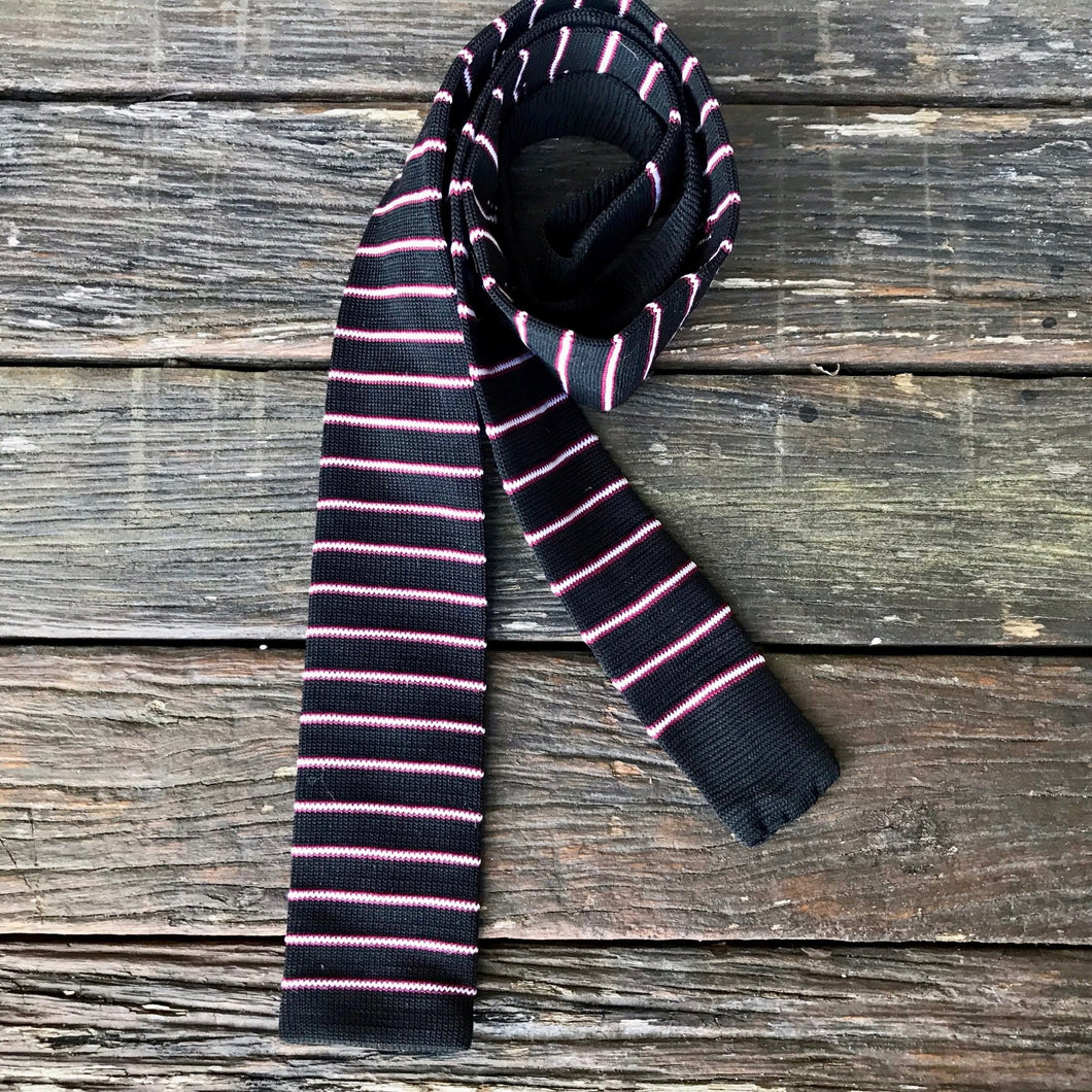 1980's Vintage Knit Skinny Necktie - Navy Red White Stripe - OOAK - Phoenix Menswear