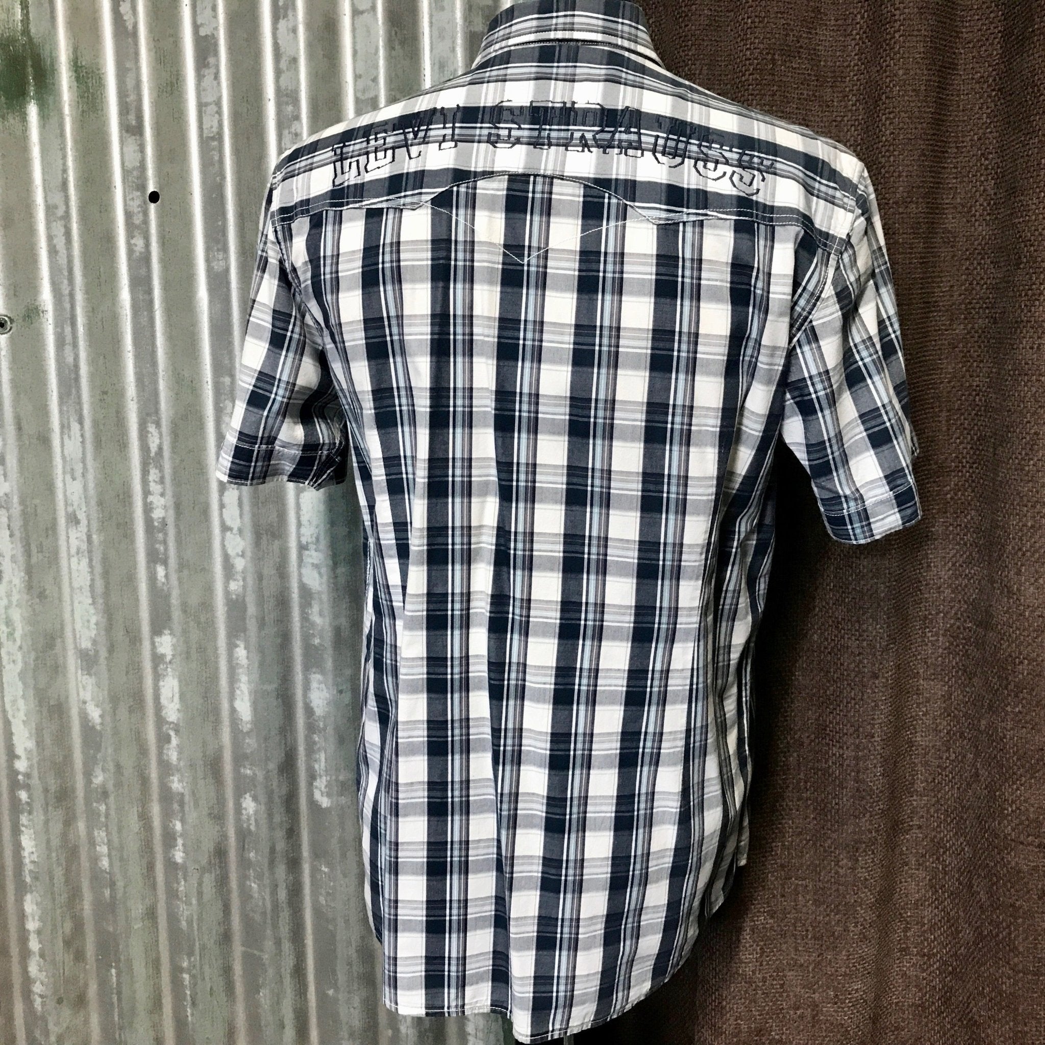 1980's Vintage Levi's Western Shirt Blue White Check Cotton S/S Sz