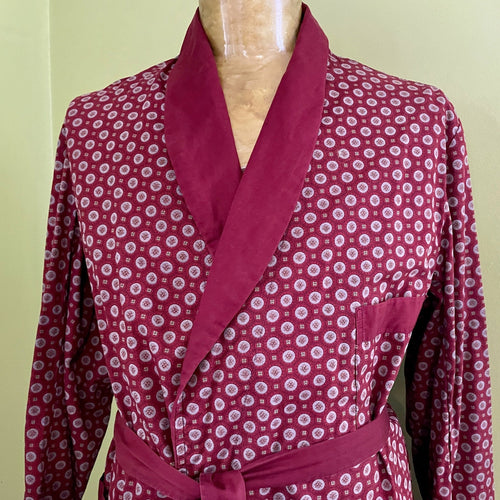 1980's Vintage L/S Dressing Gown Classic Burgundy Dots Smoking Jacket Sz L - OOAK - Phoenix Menswear