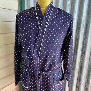 1980's Vintage L/S Dressing Gown Navy White Polka Dots Smoking Jacket Sz M - OOAK - Phoenix Menswear