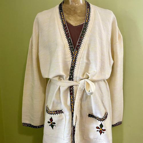 1980's Vintage L/S Handmade Embroidered Gown Duster Smoking Jacket Cream Sz XXL - OOAK - Phoenix Menswear