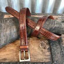 Load image into Gallery viewer, 1980&#39;s Vintage Men&#39;s Brown Leather Belt Crocodile Imprint Silver Buckle Sz XL - OOAK - Phoenix Menswear