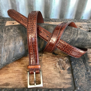 1980's Vintage Men's Brown Leather Belt Crocodile Imprint Silver Buckle Sz XL - OOAK - Phoenix Menswear