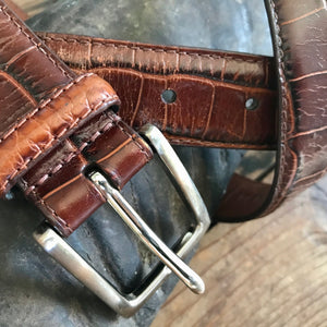 1980's Vintage Men's Brown Leather Belt Crocodile Imprint Silver Buckle Sz XL - OOAK - Phoenix Menswear