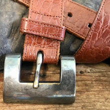 Load image into Gallery viewer, 1980&#39;s Vintage Men&#39;s Tan Brown Leather Belt Chunky Silver Buckle Sz M - OOAK - Phoenix Menswear
