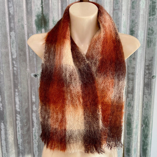 1980's Vintage Mohair Wool Scarf Cream Brown Check Unisex - OOAK - Phoenix Menswear