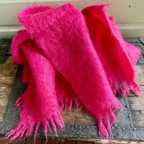 1980's Vintage Mohair Wool Scarf Hot Pink Fringe Unisex - OOAK - Phoenix Menswear