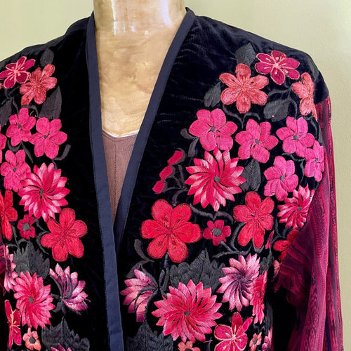 1980's Vintage Pink Handmade Embroidered Guatemalan Jacket Pockets Cotton Velvet Sz M - OOAK - Phoenix Menswear