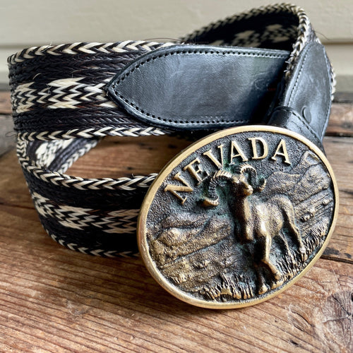 1980's Vintage Plaited Leather Belt Western 'Nevada' Black White Made in Mexico Brass Buckle Buck Sz XXL - OOAK - Phoenix Menswear